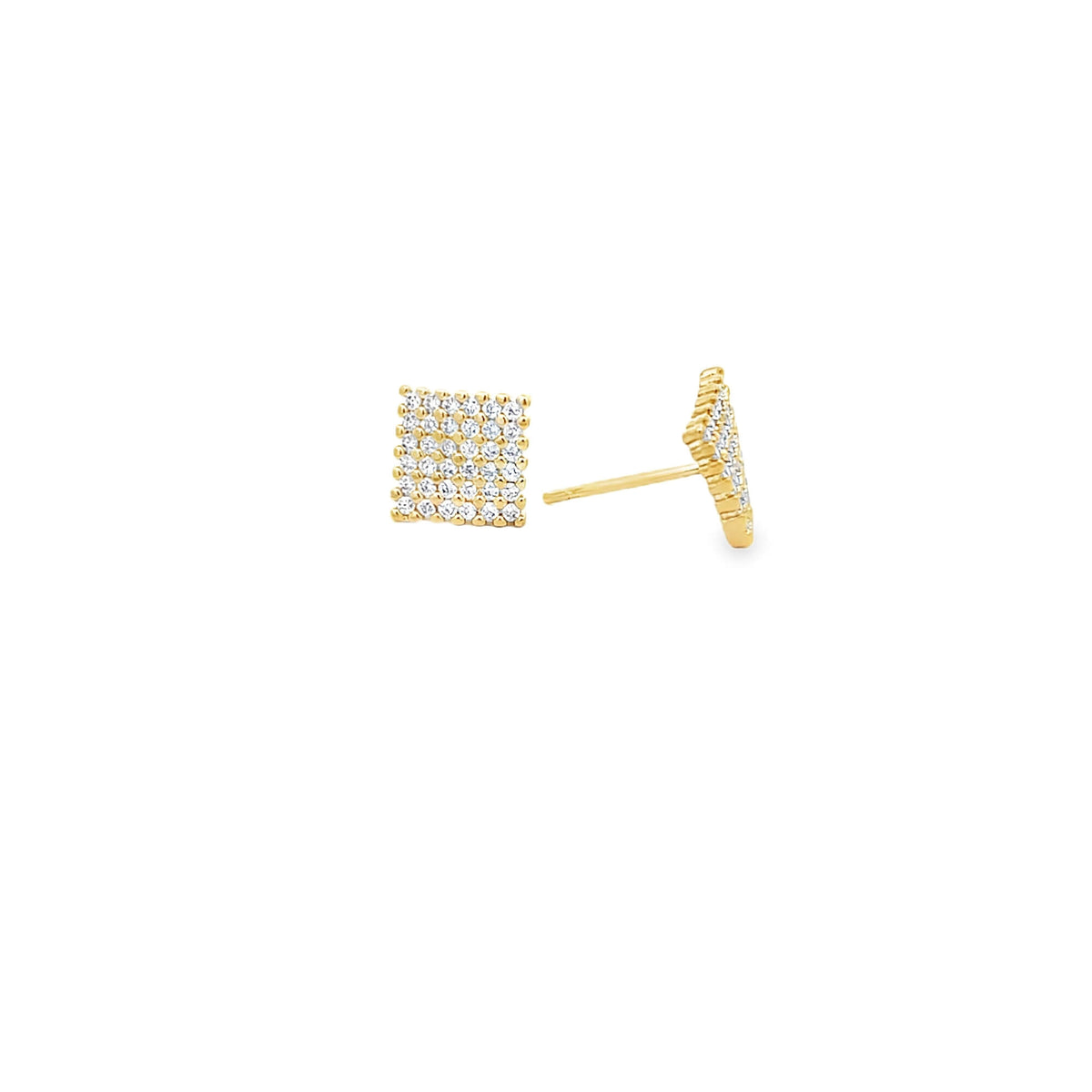 A pair of gold square pave-set diamond stud earrings sparkles against a clean white background.