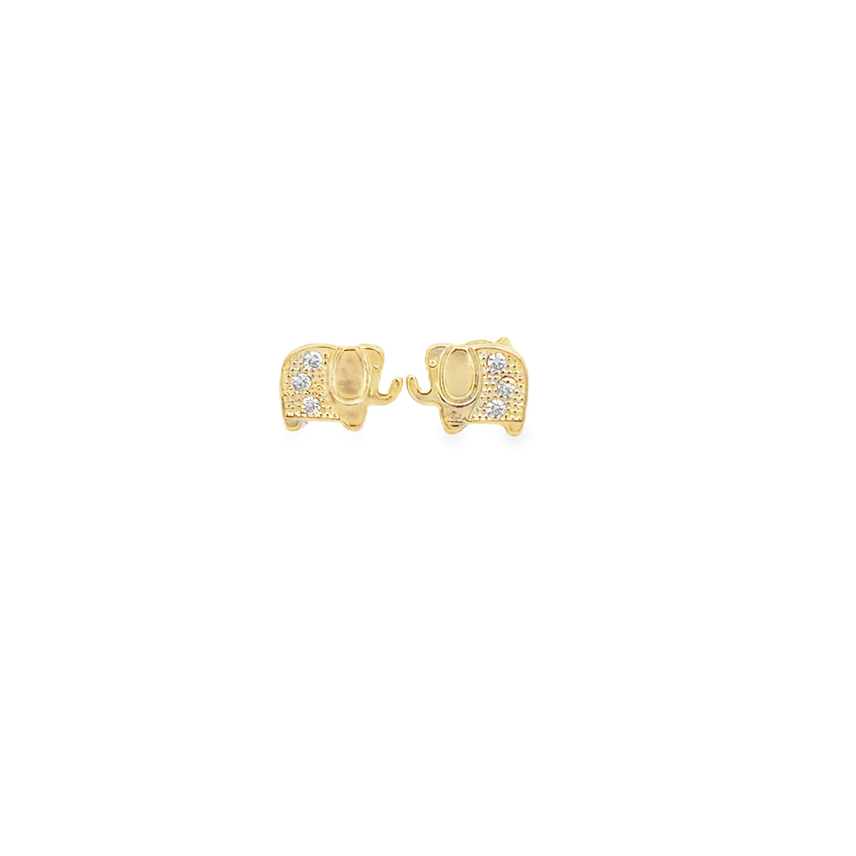 A pair of gold elephant stud earrings sparkle with tiny embedded crystals on a white background.