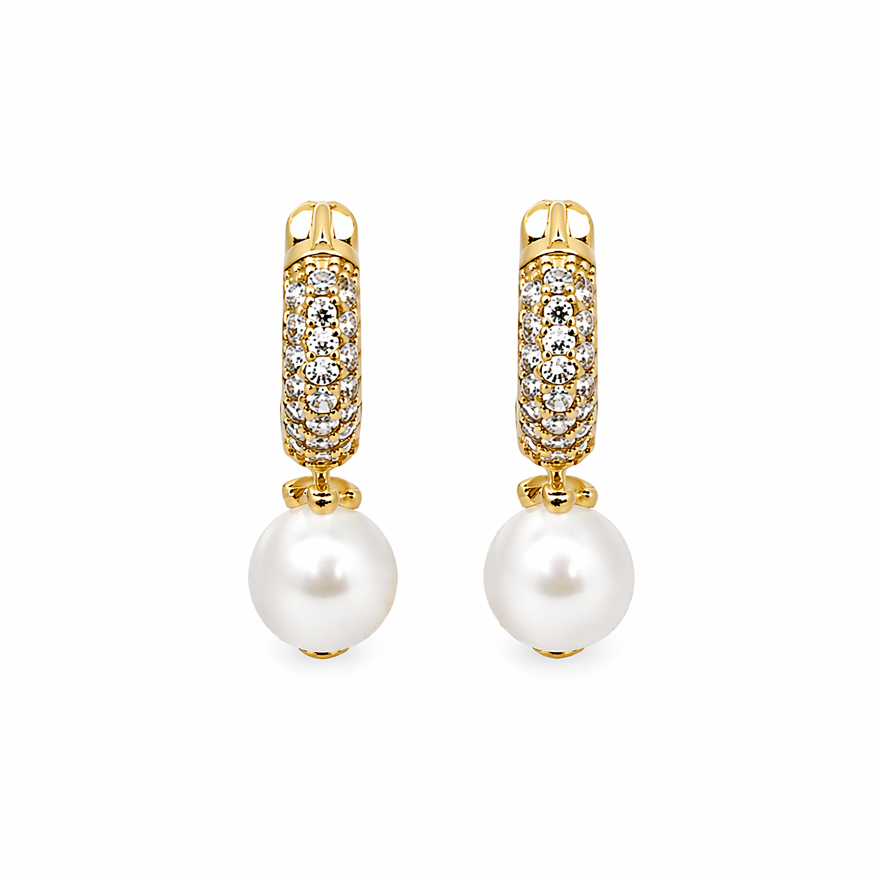 Elegant pearl drop huggie earrings with pavé CZ stones. Minimalist gold hoop earrings perfect for everyday wear or special occasions