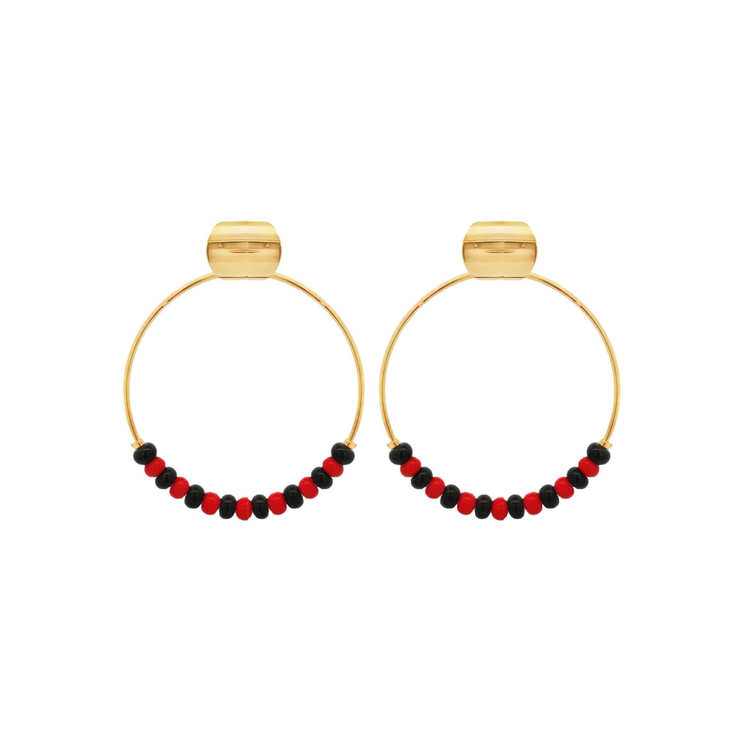 A pair of gold hoop earrings features alternating red and black beads along the bottom half, displayed against a clean white background.
