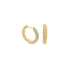 A pair of gold huggie hoop earrings sparkles with rows of small pavé-set diamonds against a clean white background.