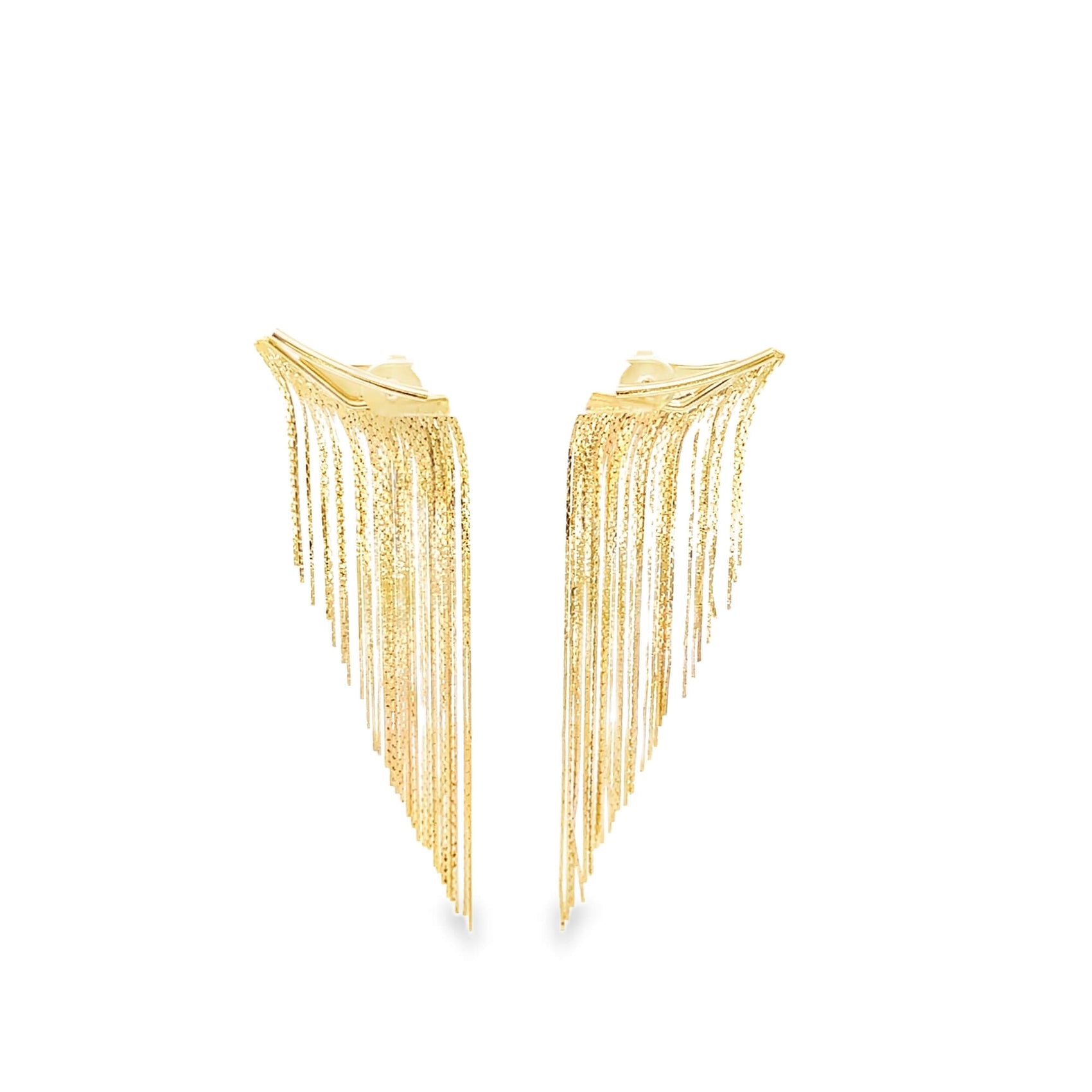 A pair of elegant gold fringe chain earrings sparkles against a clean white background.