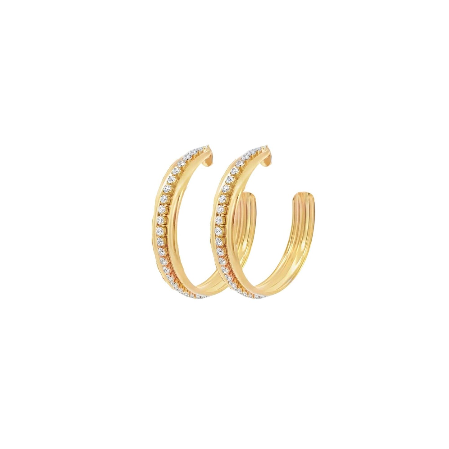 Two sparkling gold diamond hoop earrings display intricate pavé-set stones against a clean white background.