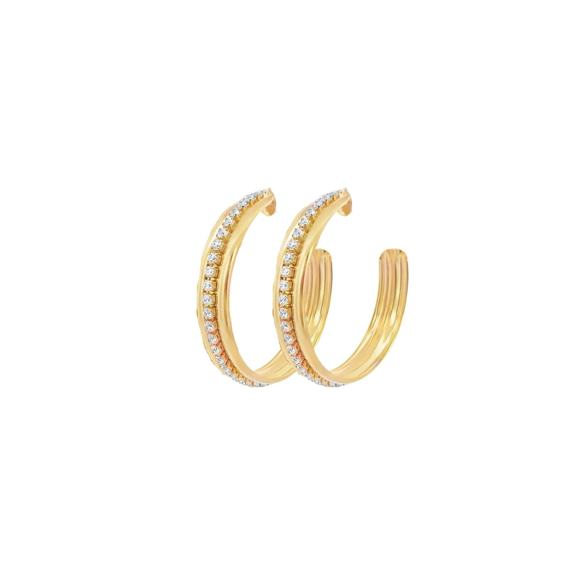 Two sparkling gold diamond hoop earrings display intricate pavé-set stones against a clean white background.
