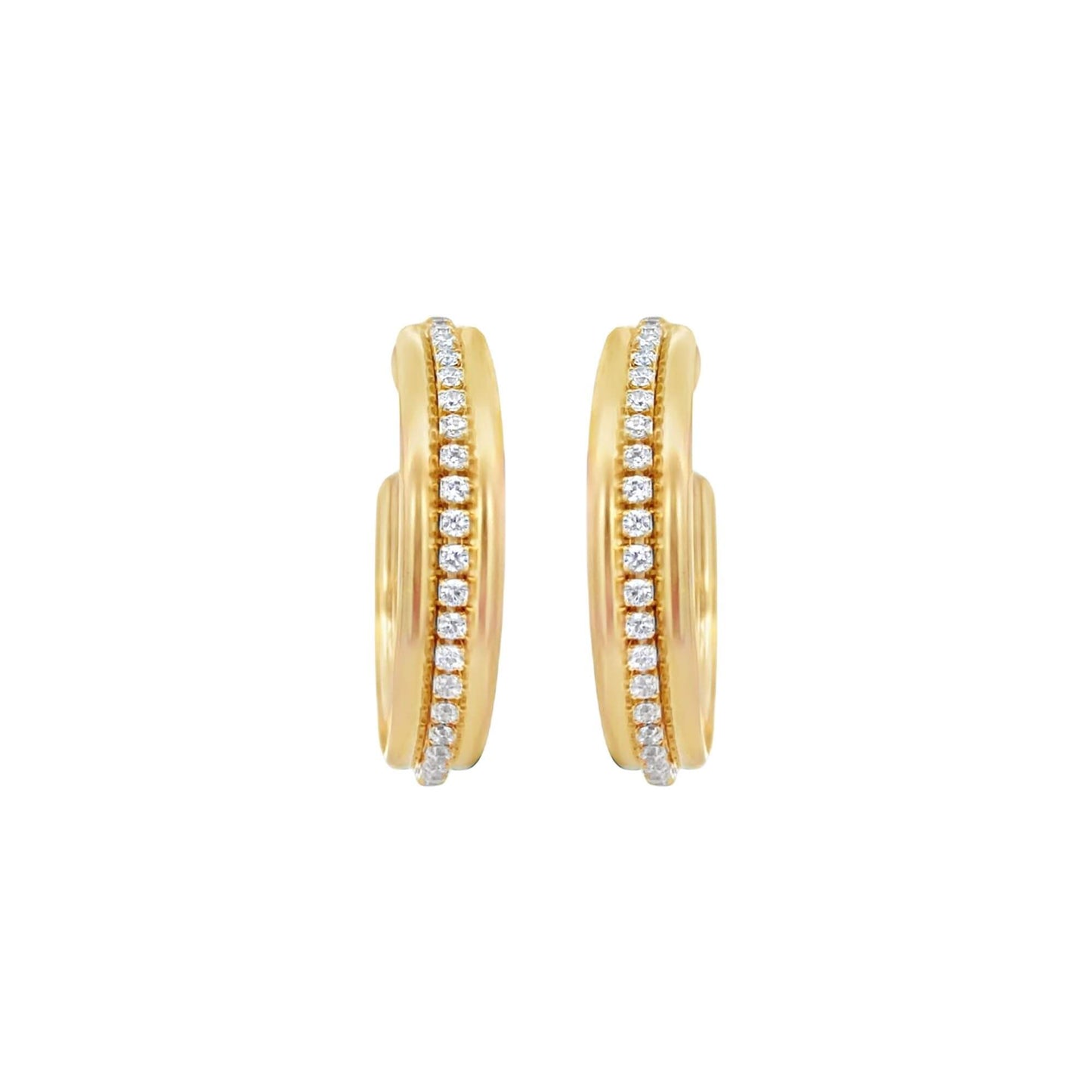 A pair of elegant gold huggie hoop earrings features a vertical channel of sparkling pavé-set diamonds down the center.