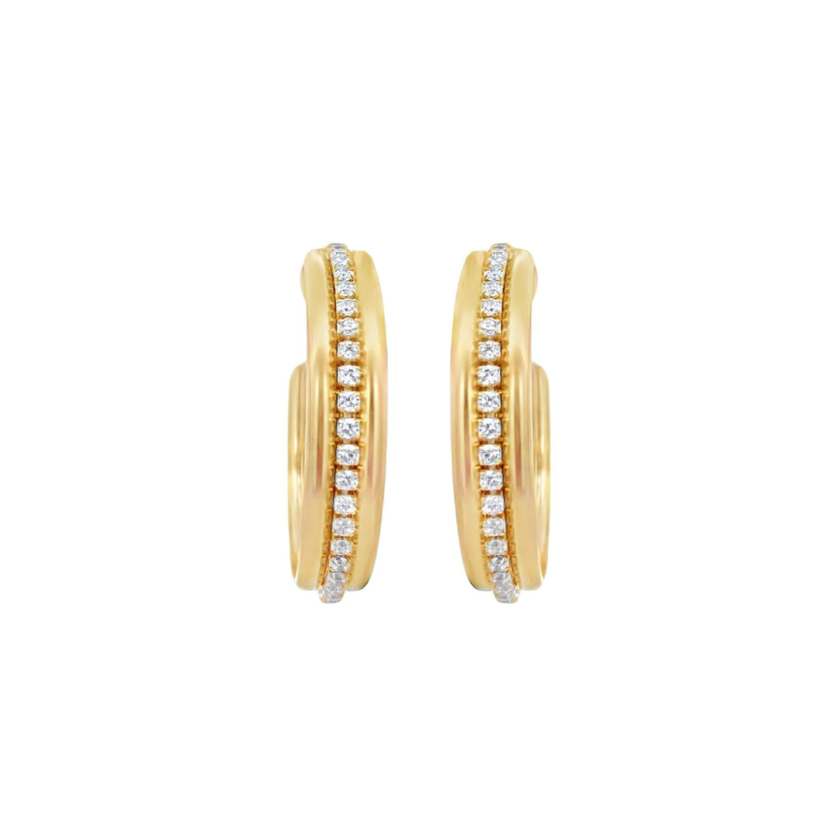 A pair of elegant gold huggie hoop earrings features a vertical channel of sparkling pavé-set diamonds down the center.