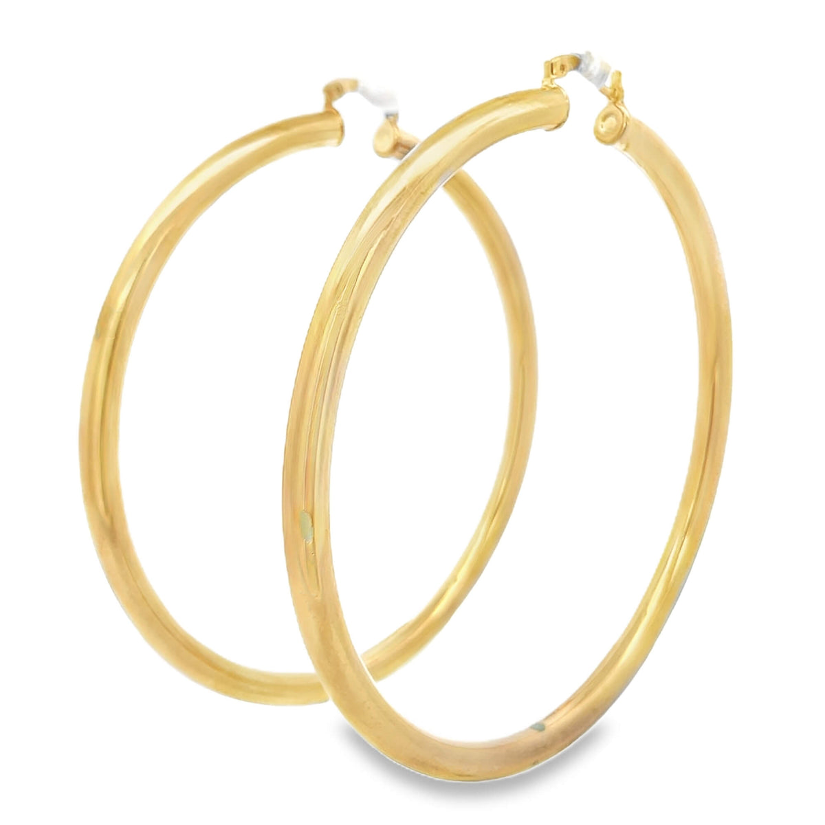 A pair of polished gold hoop earrings displays a sleek, classic design against a clean white background.