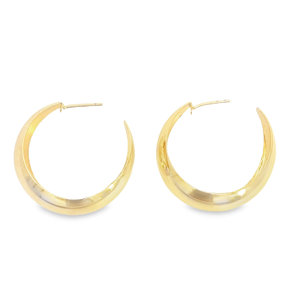 A pair of polished gold hoop earrings displays a sleek, crescent-shaped design against a clean white background.