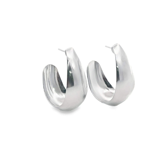 A pair of polished silver chunky hoop earrings rests against a clean white background.