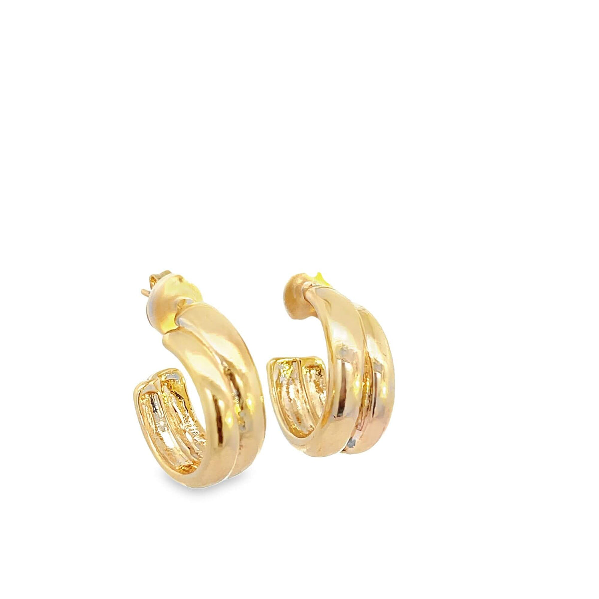 A pair of polished gold hoop earrings displays a textured, multi-layered design against a clean white background.
