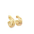A pair of polished gold hoop earrings displays a textured, multi-layered design against a clean white background.
