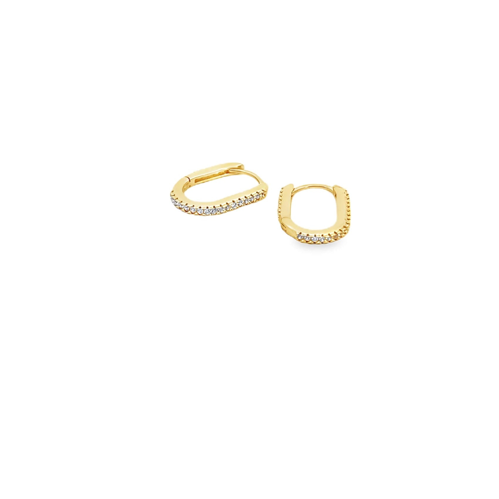 A pair of small gold huggie hoop earrings features sparkling pavé-set diamonds along the front edge, displayed against a clean white background.