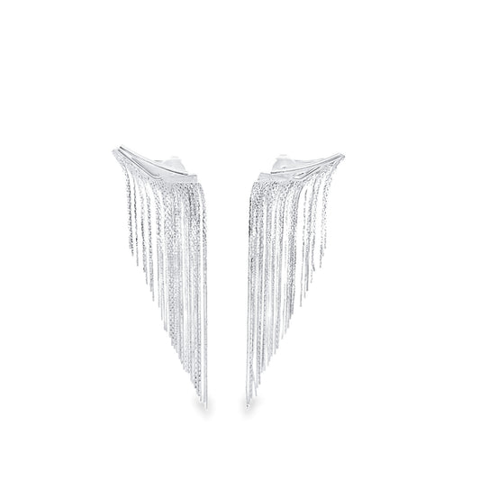 A pair of sparkling silver tassel earrings hangs against a clean white background, showcasing their cascading chain fringe.