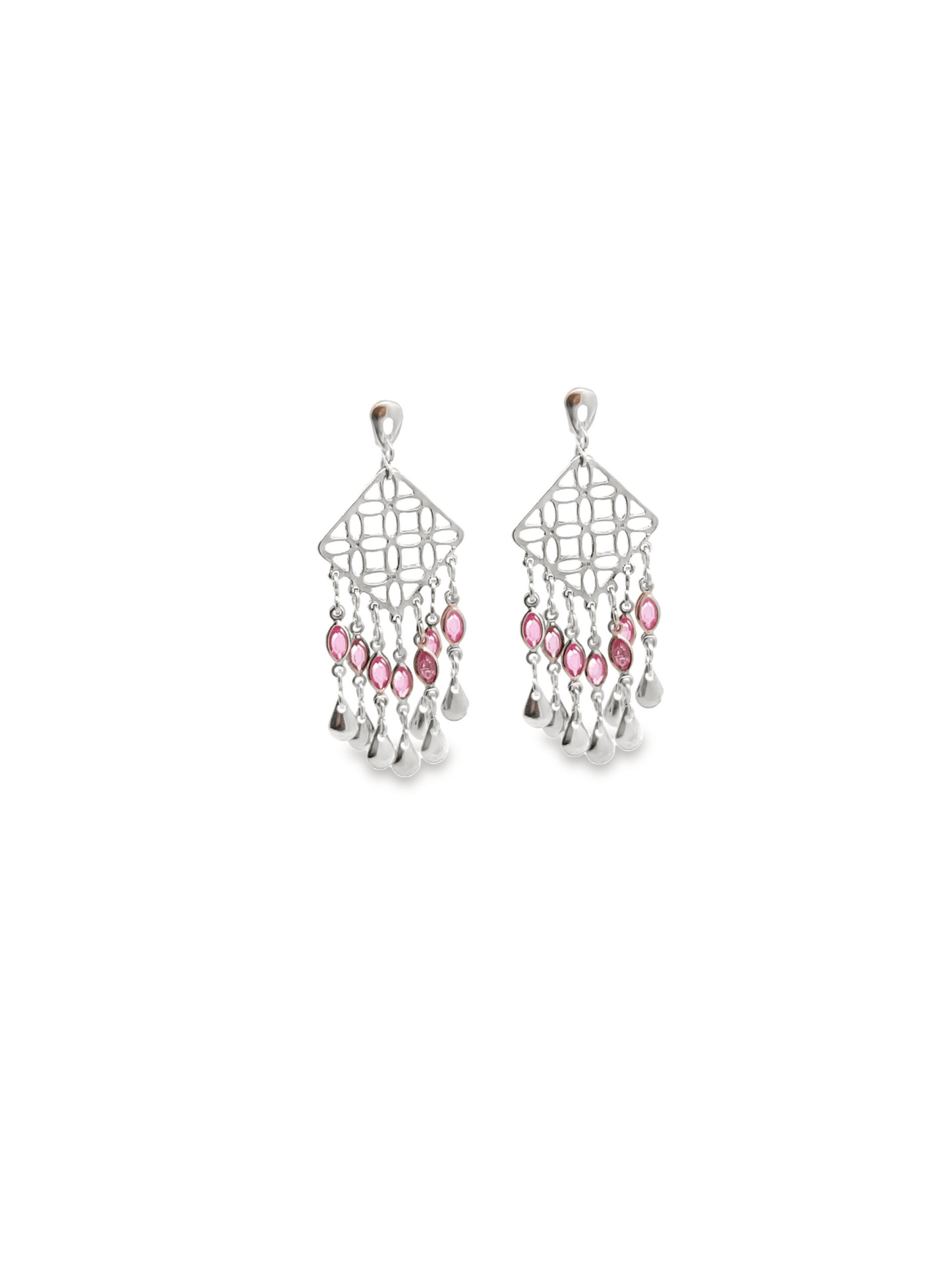 A pair of intricate silver chandelier earrings sparkles against a plain white background, featuring dangling pink gemstones and delicate metal teardrops.