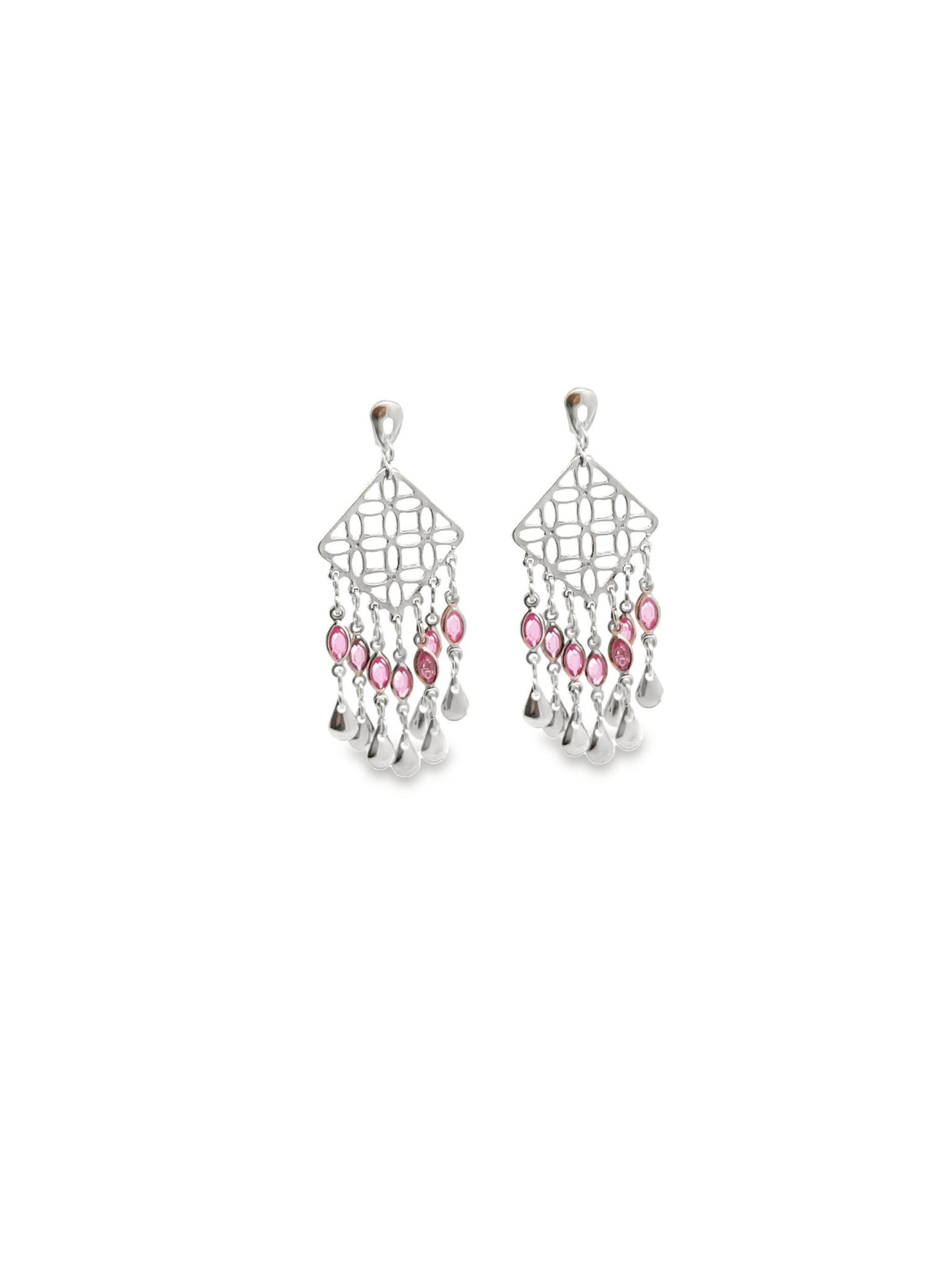 A pair of intricate silver chandelier earrings sparkles against a plain white background, featuring dangling pink gemstones and delicate metal teardrops.