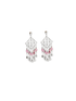 A pair of intricate silver chandelier earrings sparkles against a plain white background, featuring dangling pink gemstones and delicate metal teardrops.