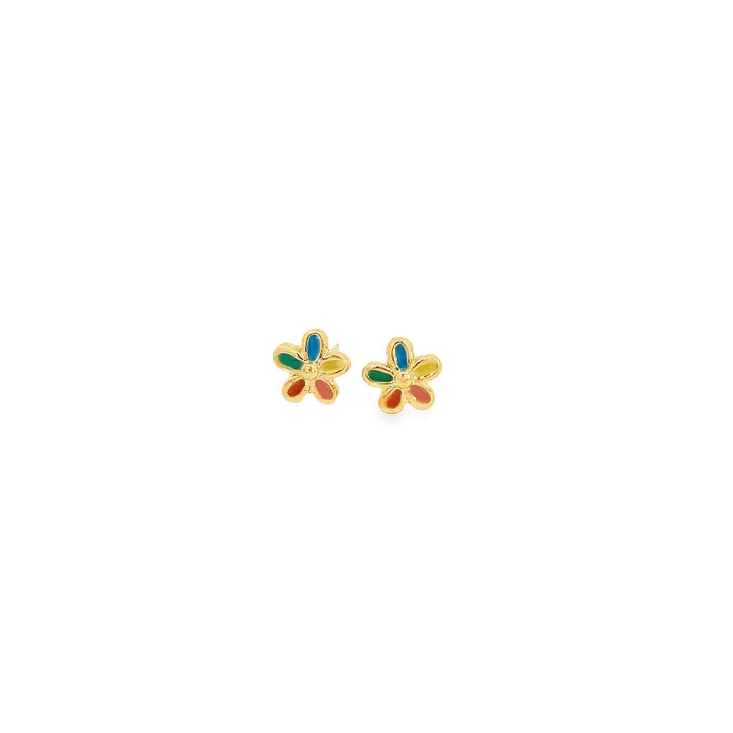 Pair of gold flower-shaped earrings on a white background