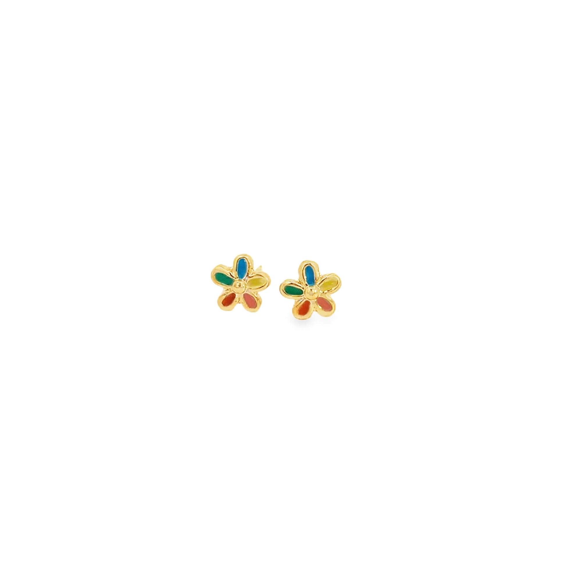 Pair of gold flower-shaped earrings on a white background