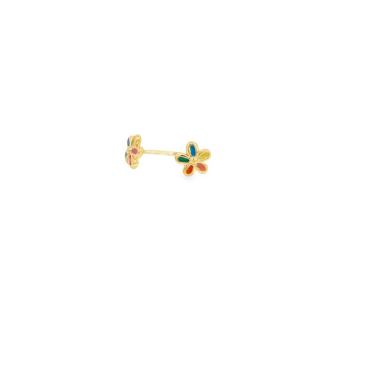 Gold flower shaped earring with colorful enamel on a white background
