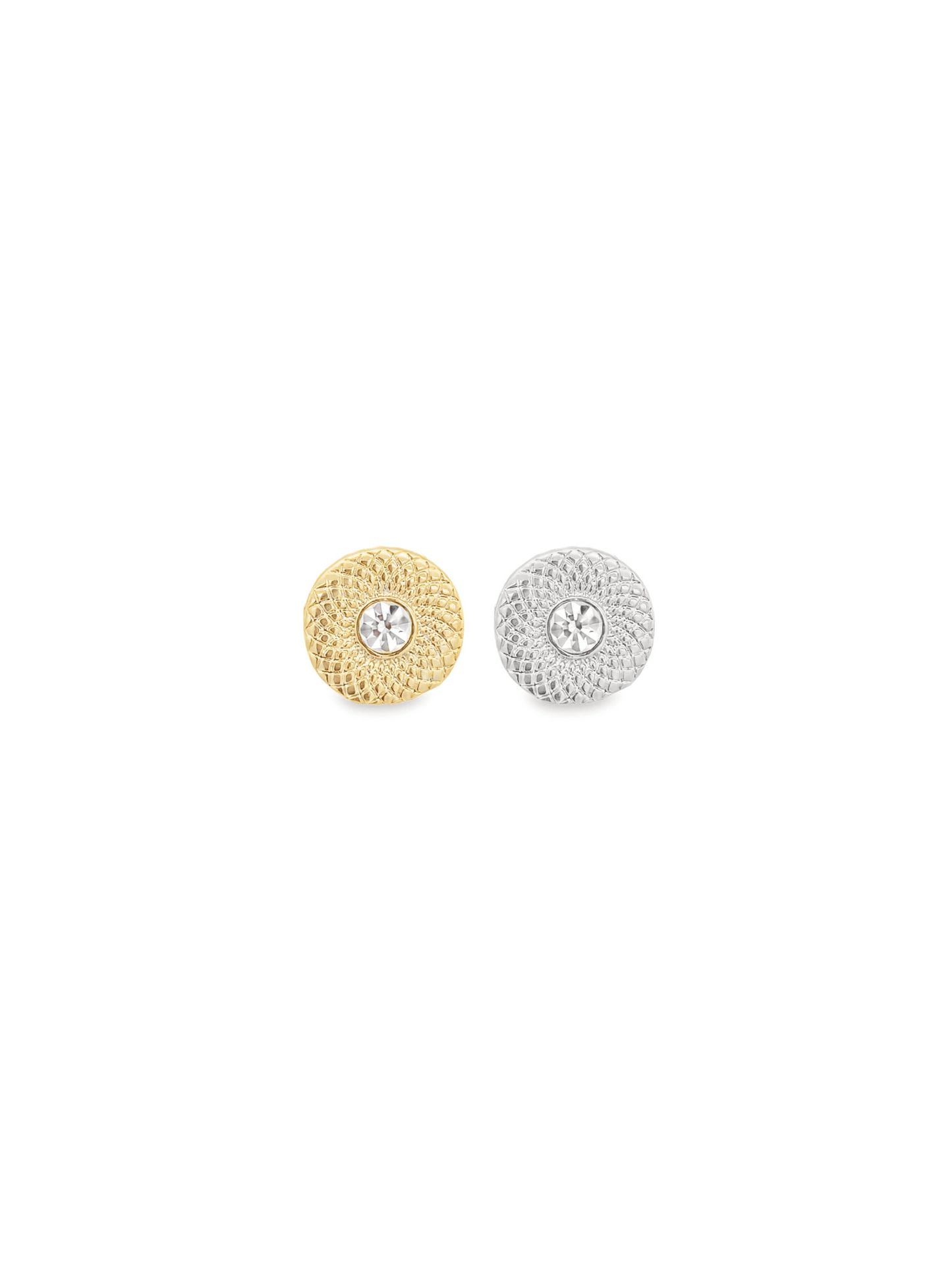 A pair of round, textured stud earrings featuring a central crystal, displayed in contrasting gold and silver finishes.