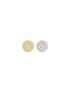 A pair of round, textured stud earrings featuring a central crystal, displayed in contrasting gold and silver finishes.