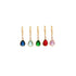 Five gold hoop earrings dangle teardrop-shaped gemstones in blue, light green, dark green, red, and pink.