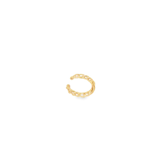 A minimalist gold chain-link ear cuff sits centered against a clean white background.