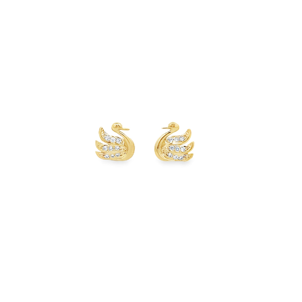 A pair of gold swan stud earrings features sparkling crystal accents along their wings against a plain white background.