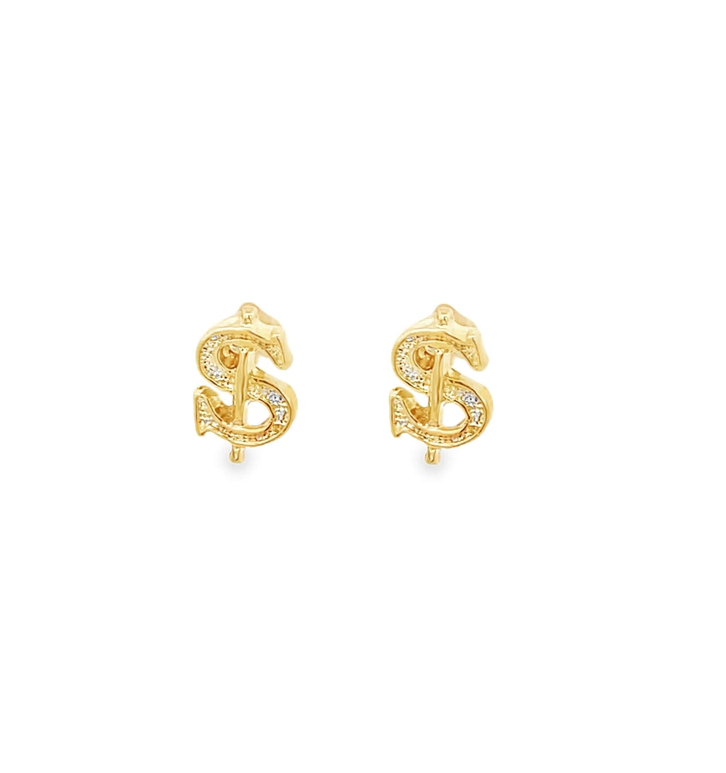A pair of gold dollar sign stud earrings sparkle against a white background.