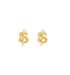 A pair of gold dollar sign stud earrings sparkle against a white background.