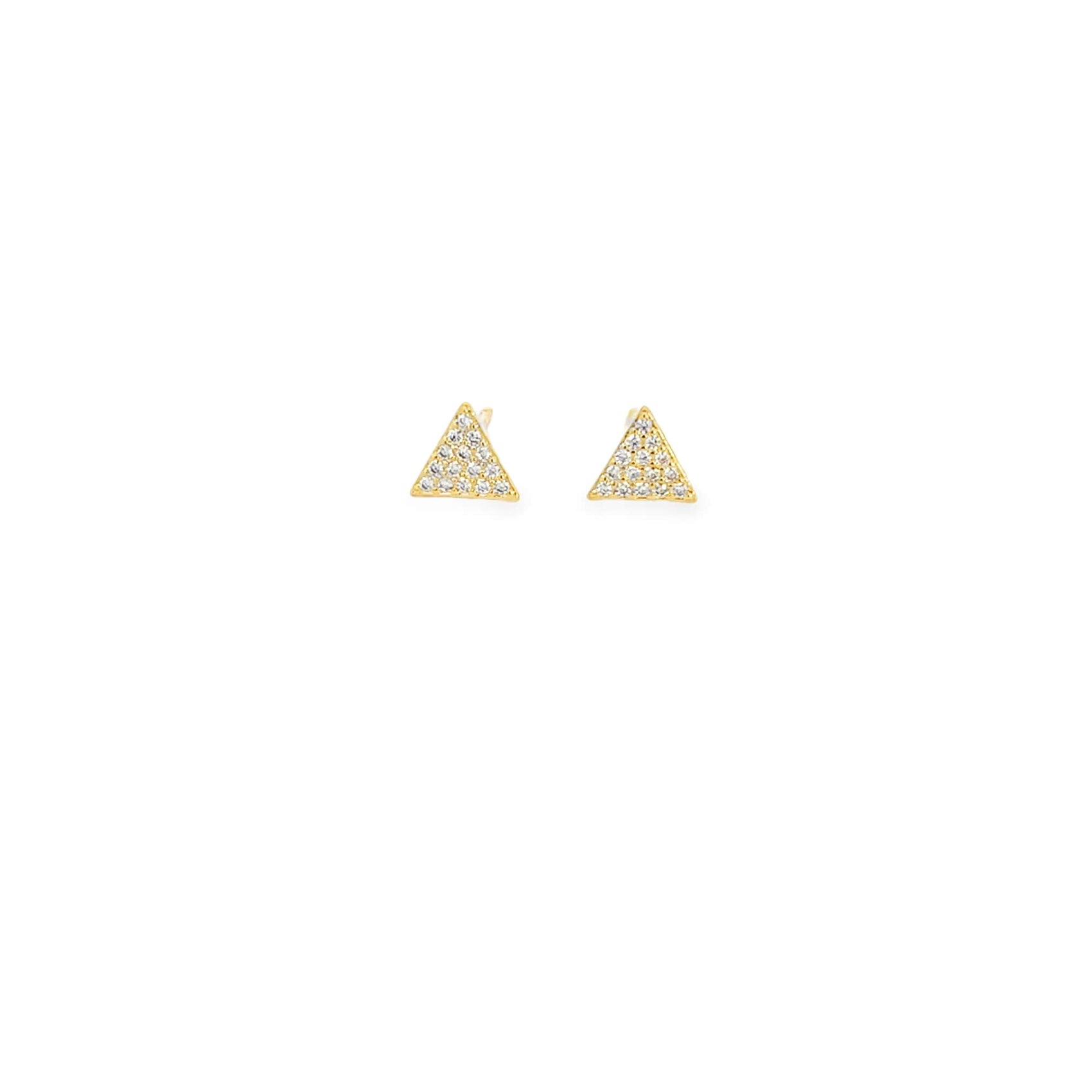 A pair of gold pave-set diamond triangle stud earrings sparkle against a white background.