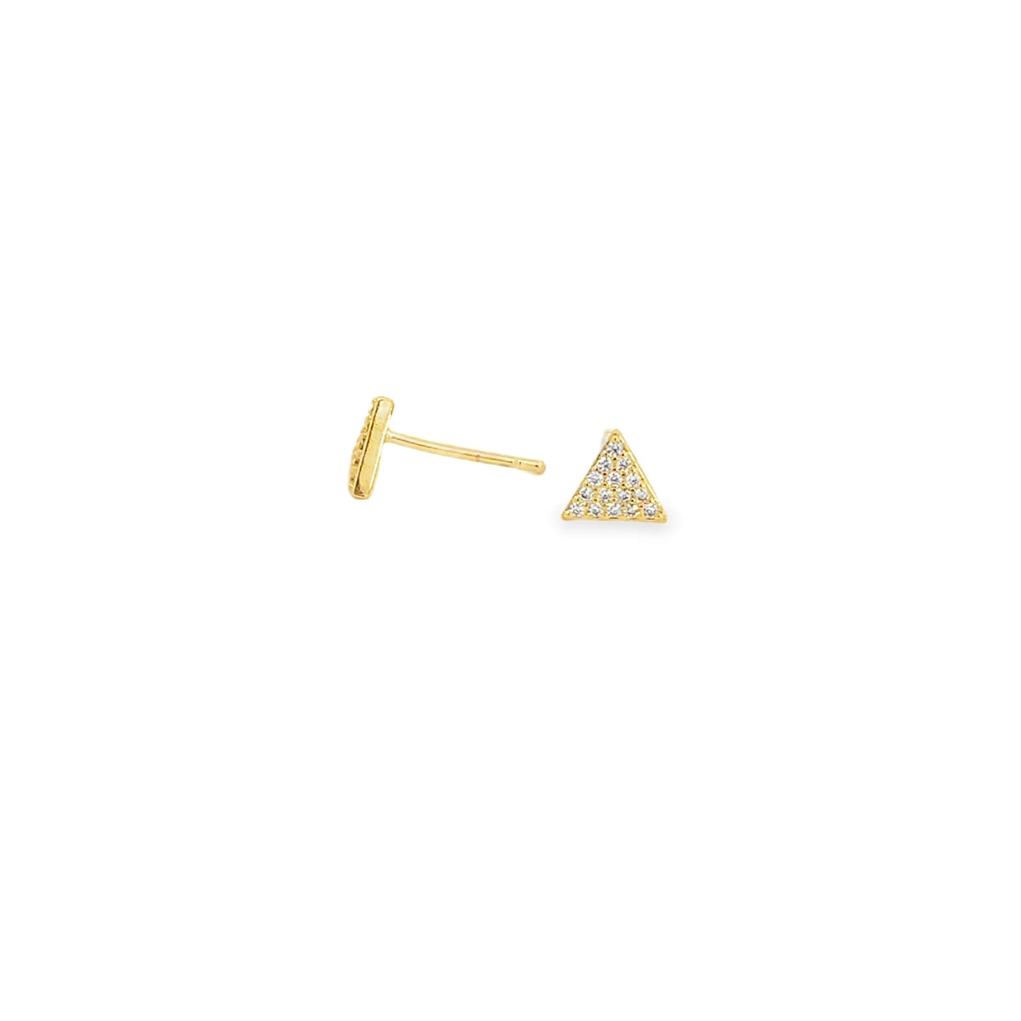 A pair of gold triangle stud earrings features sparkling pavé-set diamonds.