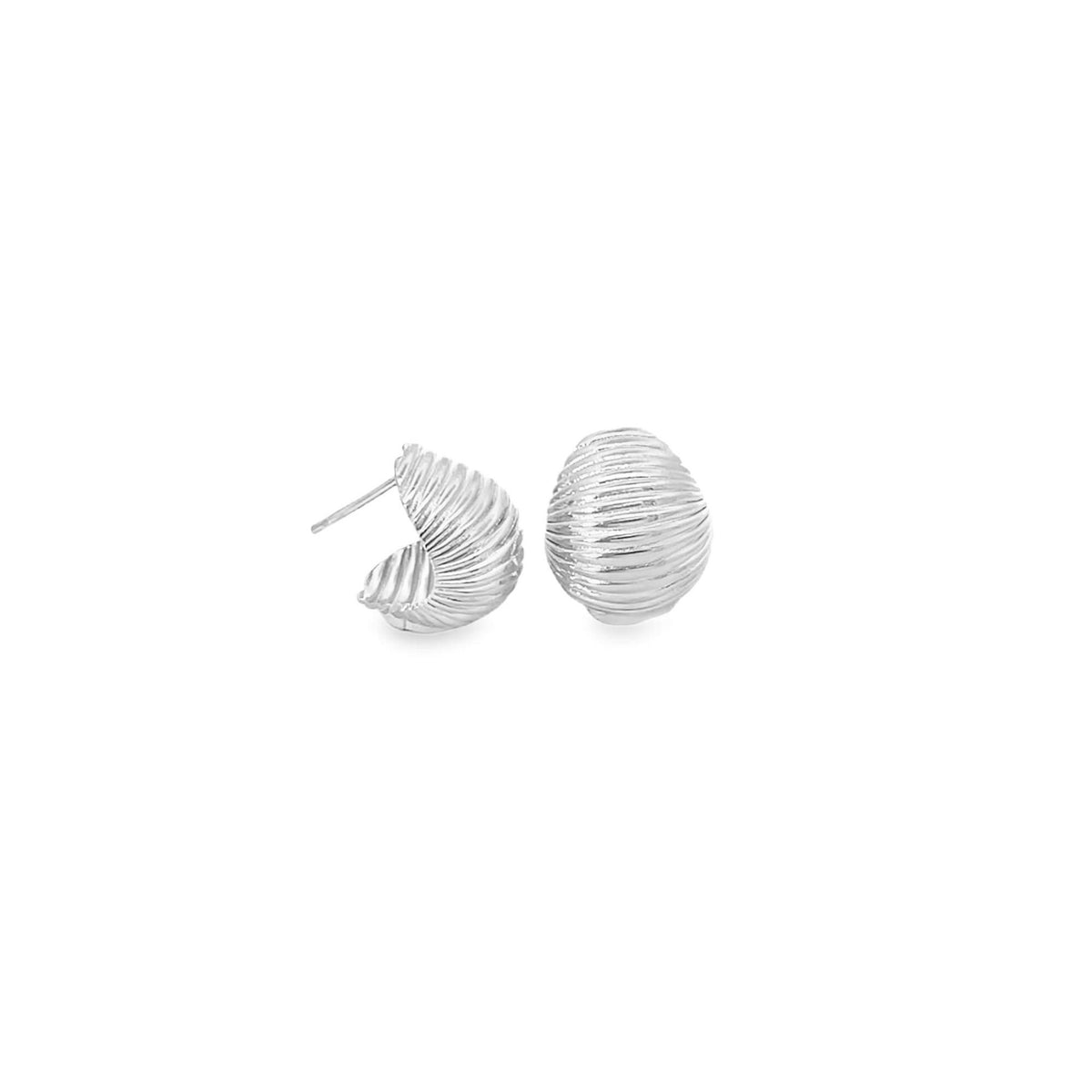 A pair of textured silver hoop earrings displays intricate ribbed detailing against a plain white background.