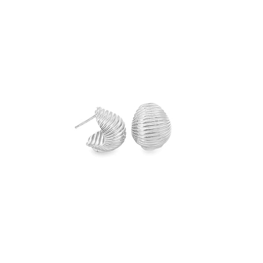 A pair of textured silver hoop earrings displays intricate ribbed detailing against a plain white background.