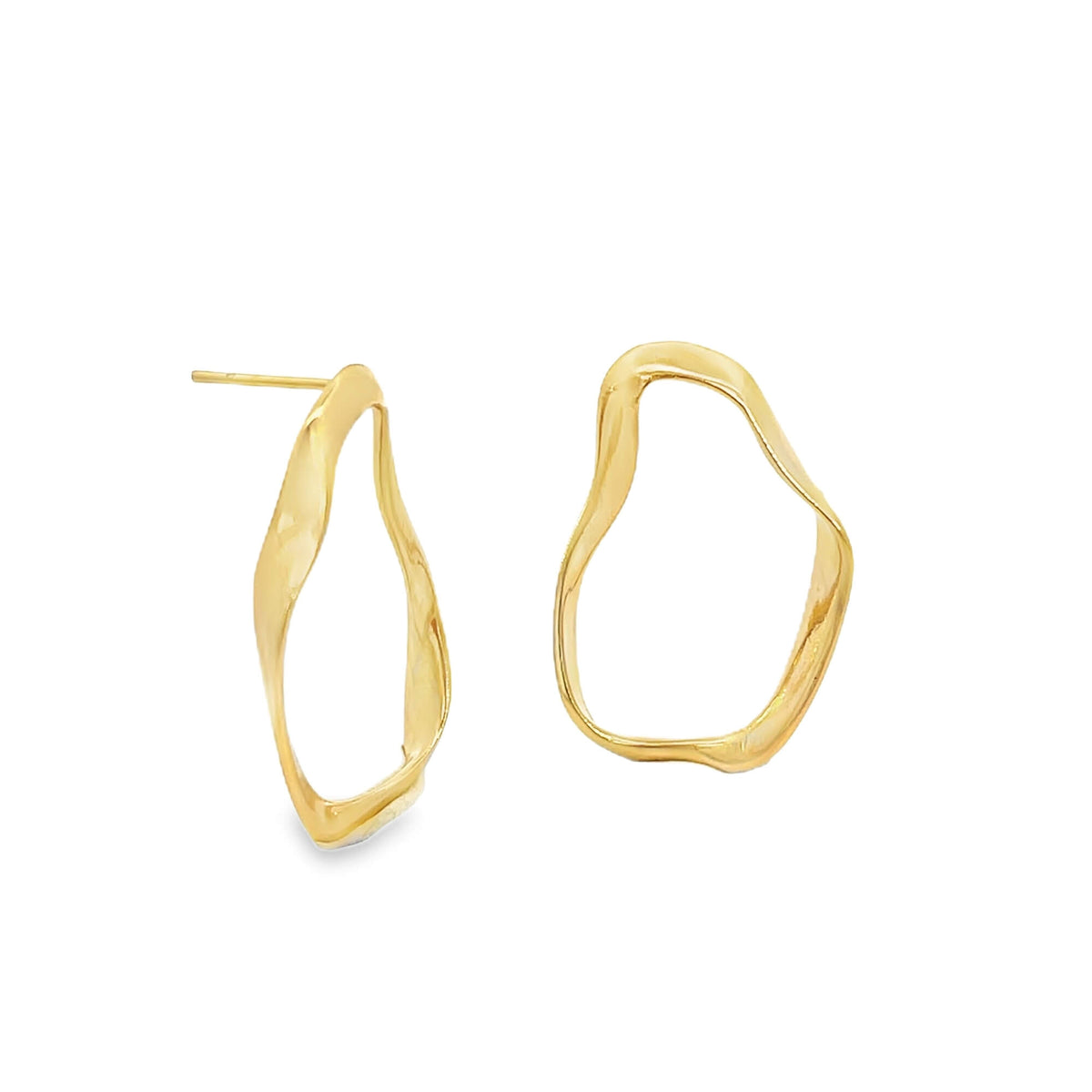 A pair of sleek, gold-plated organic-shaped stud earrings display a glossy, wavy surface against a clean white background.
