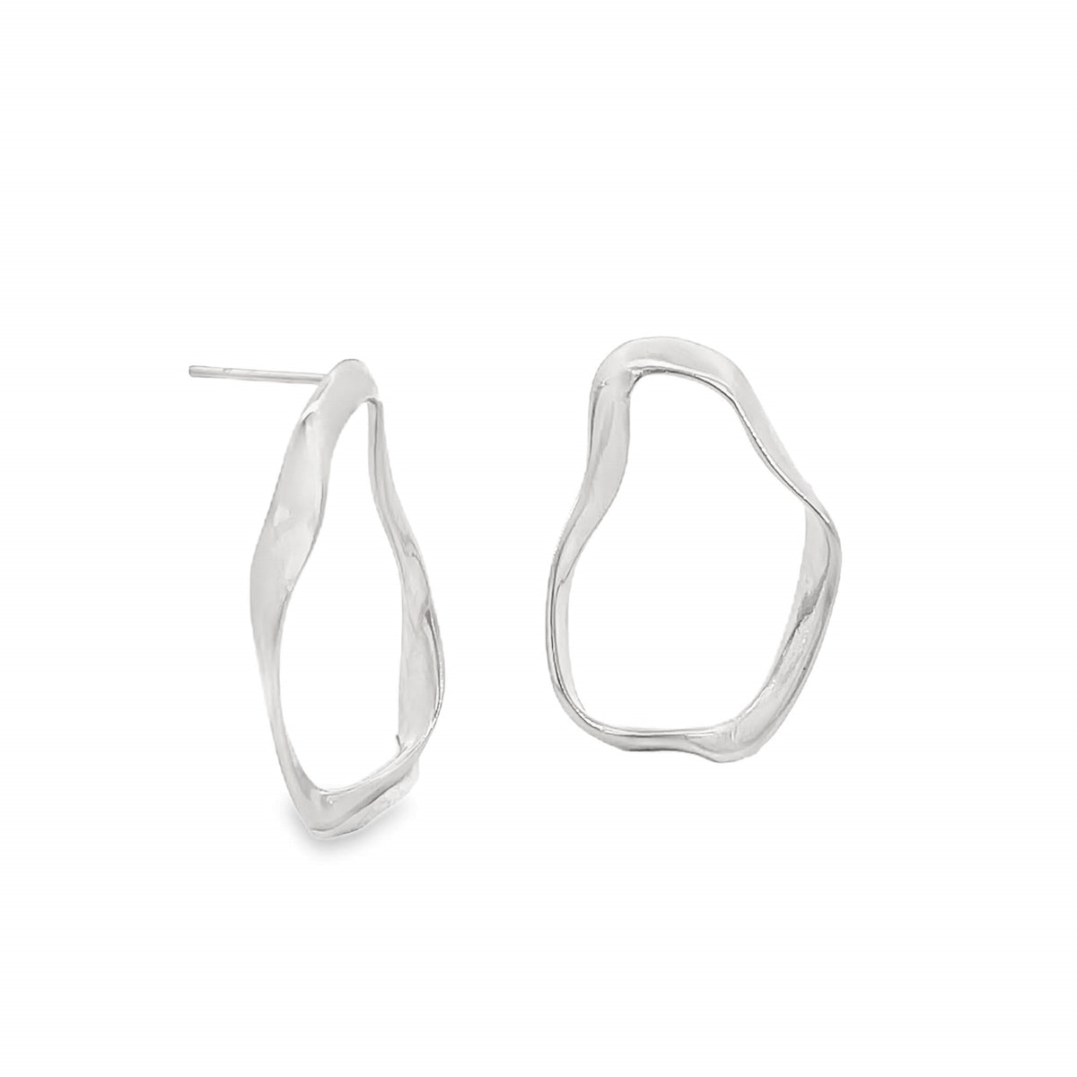 A pair of modern silver abstract earrings featuring a unique, irregular wave-like design against a clean white background.