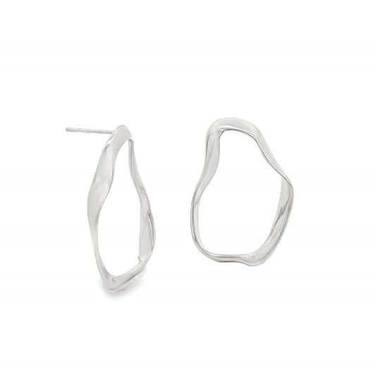 A pair of modern silver abstract earrings featuring a unique, irregular wave-like design against a clean white background.