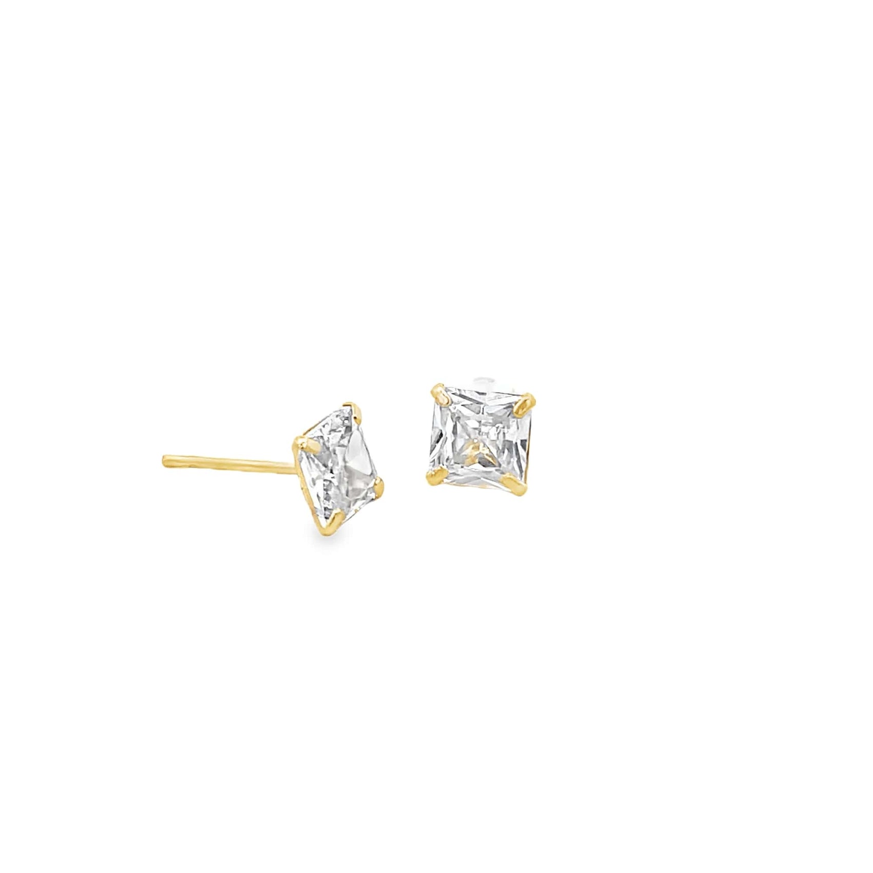 A pair of elegant gold square stud earrings sparkle against a clean white background, showcasing their brilliant-cut cubic zirconia stones.