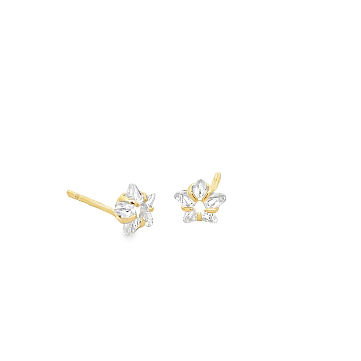 A pair of delicate gold star-shaped stud earrings sparkle with cubic zirconia stones against a clean white background.
