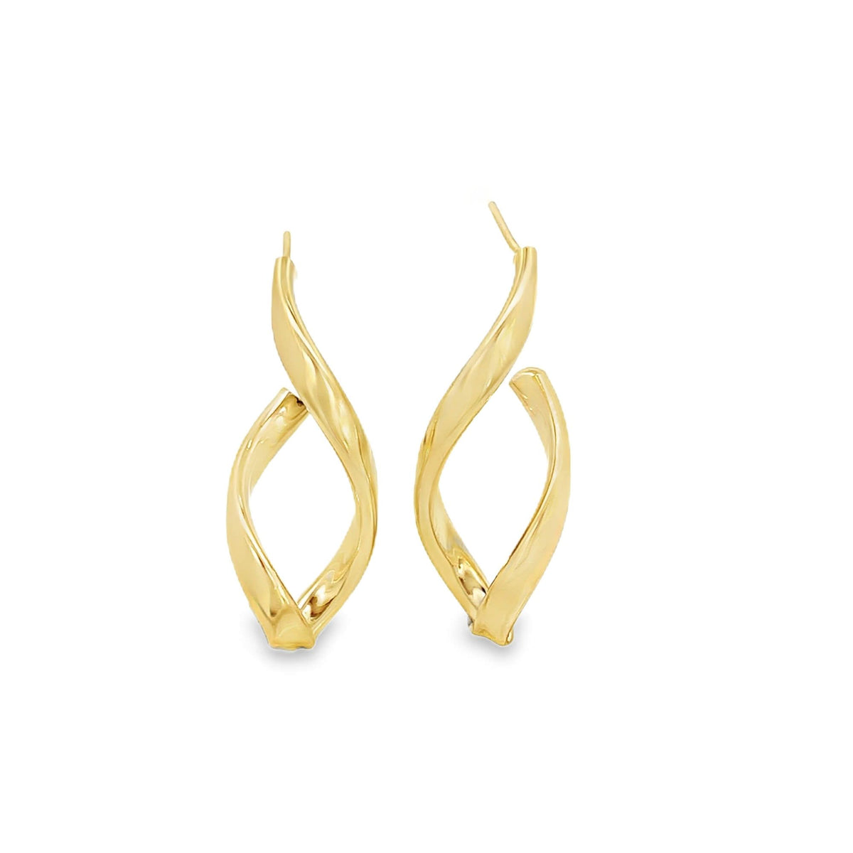 A pair of elegant gold twisted hoop earrings shines against a clean white background.