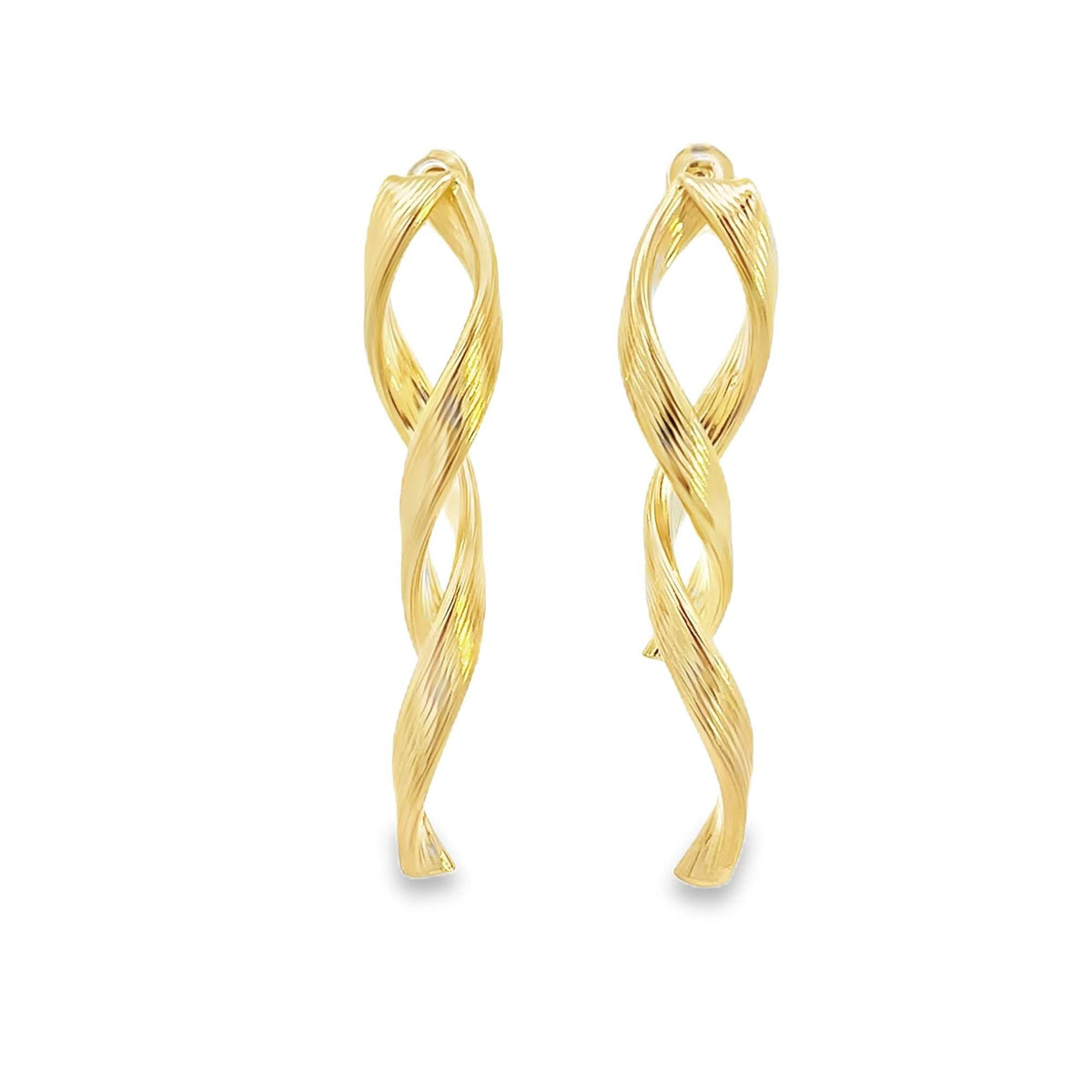 A pair of elegant gold twisted drop earrings displays a polished spiral design against a clean white background.