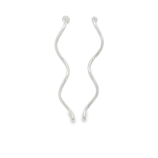 A pair of elegant silver spiral dangle earrings feature a graceful wavy design against a plain white background.