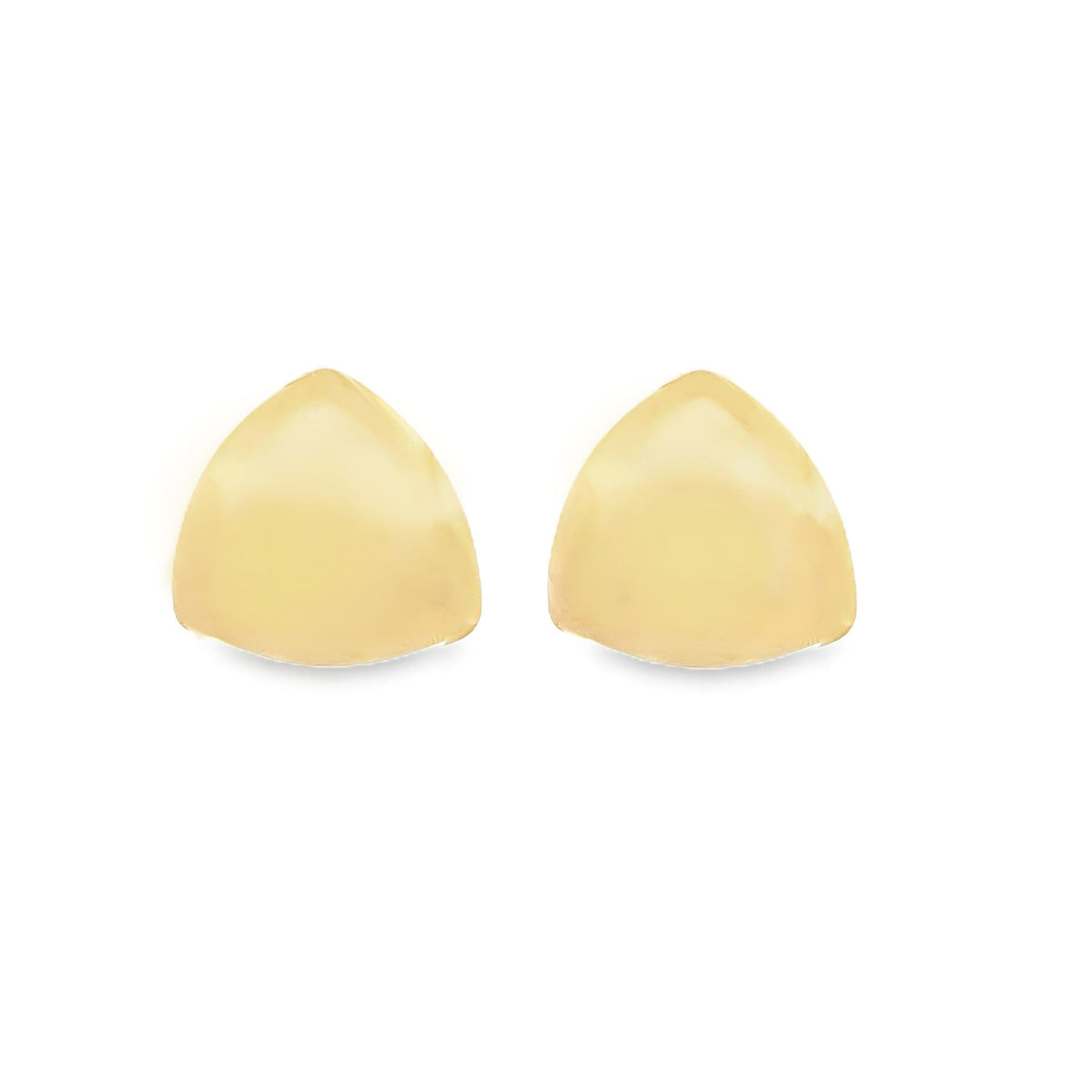 A pair of sleek, triangular gold stud earrings rest against a clean white background.