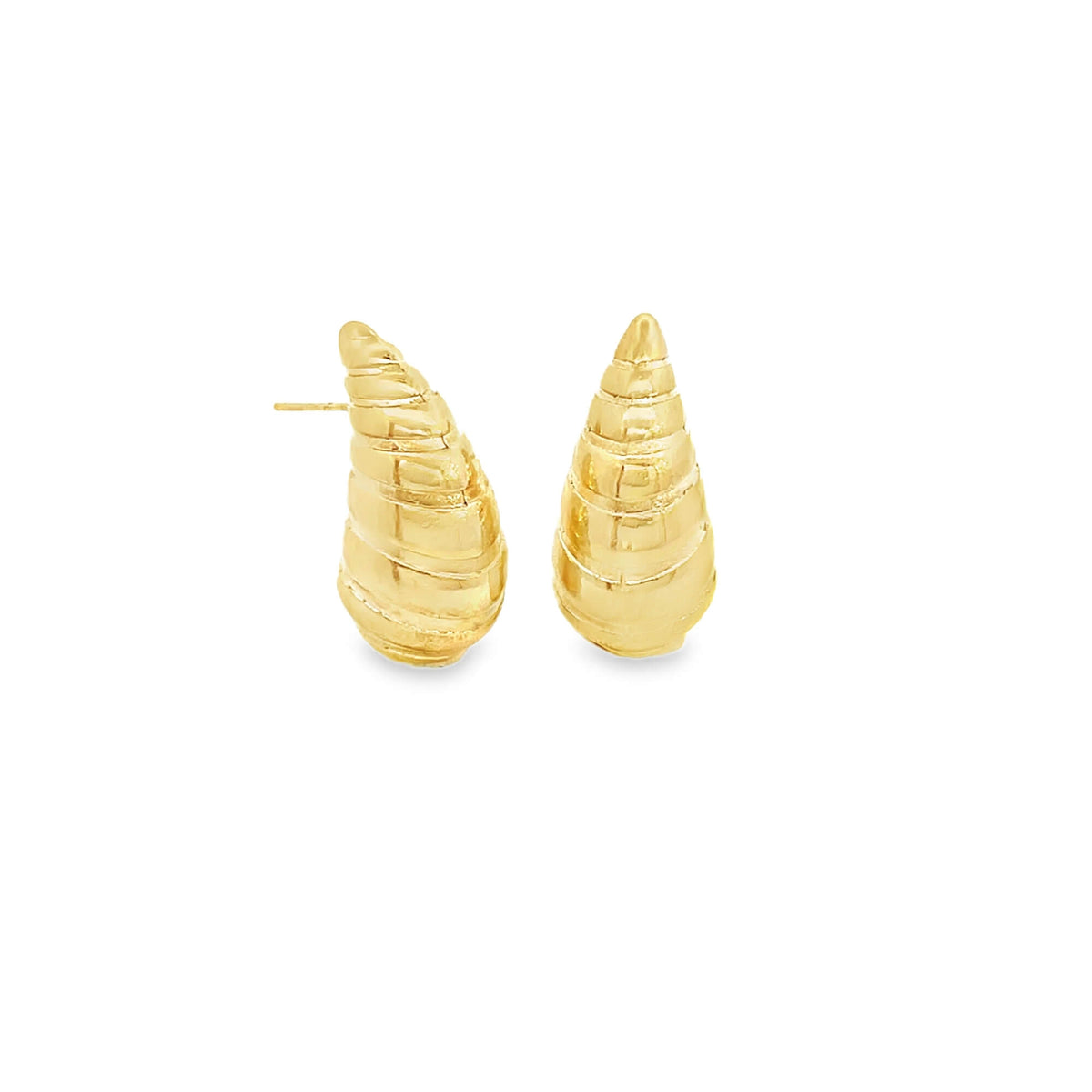 A pair of textured gold conch shell stud earrings gleams against a white background.