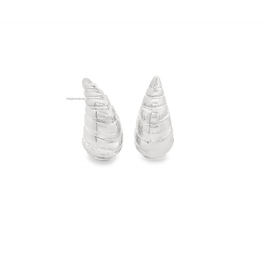A pair of textured silver seashell earrings gleams against a clean white background.