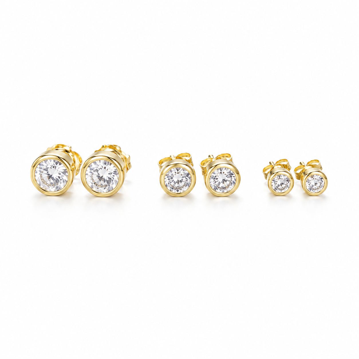 Classic round bezel CZ stud earrings crafted in 18K Gold Filled. Available in multiple sizes. Hypoallergenic, tarnish resistant, and perfect for everyday wear.