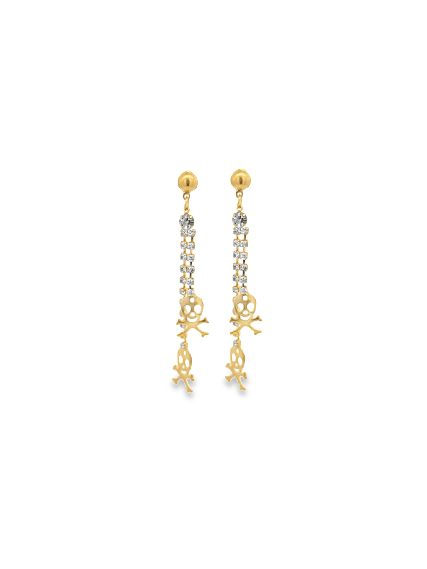 A pair of gold dangle earrings features sparkling crystal chains and playful skull-and-crossbones charms.