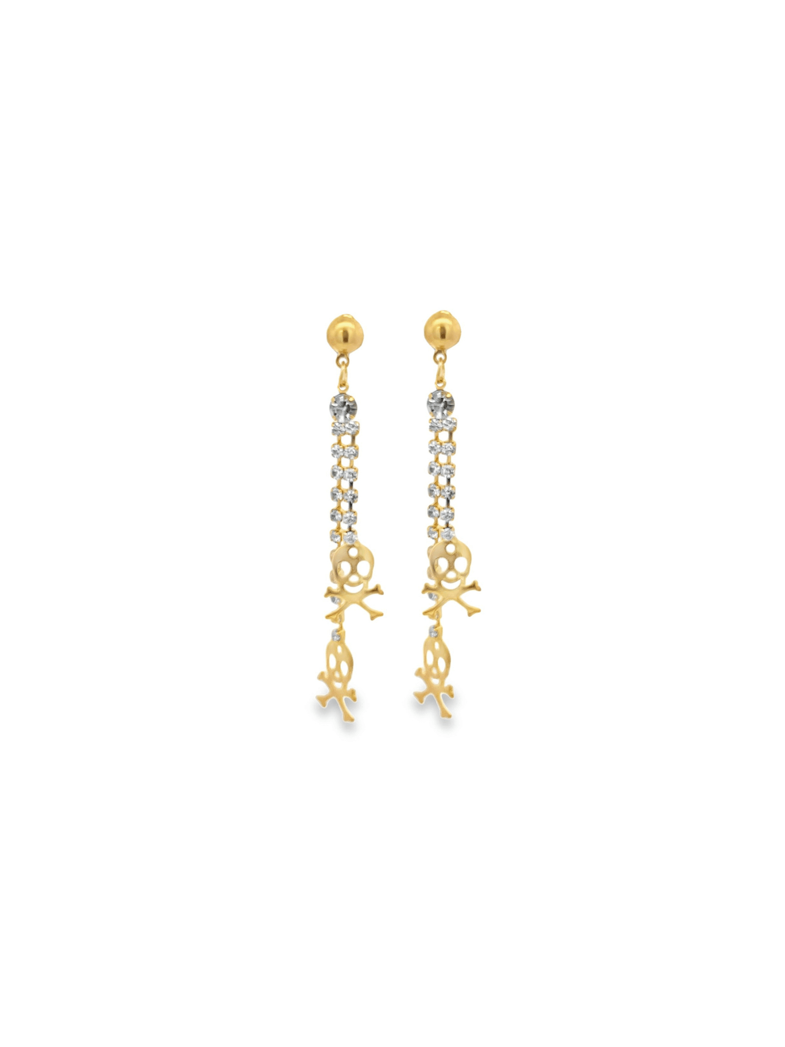 A pair of gold dangle earrings features sparkling crystal chains and playful skull-and-crossbones charms.