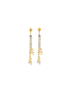 A pair of gold dangle earrings features sparkling crystal chains and playful skull-and-crossbones charms.