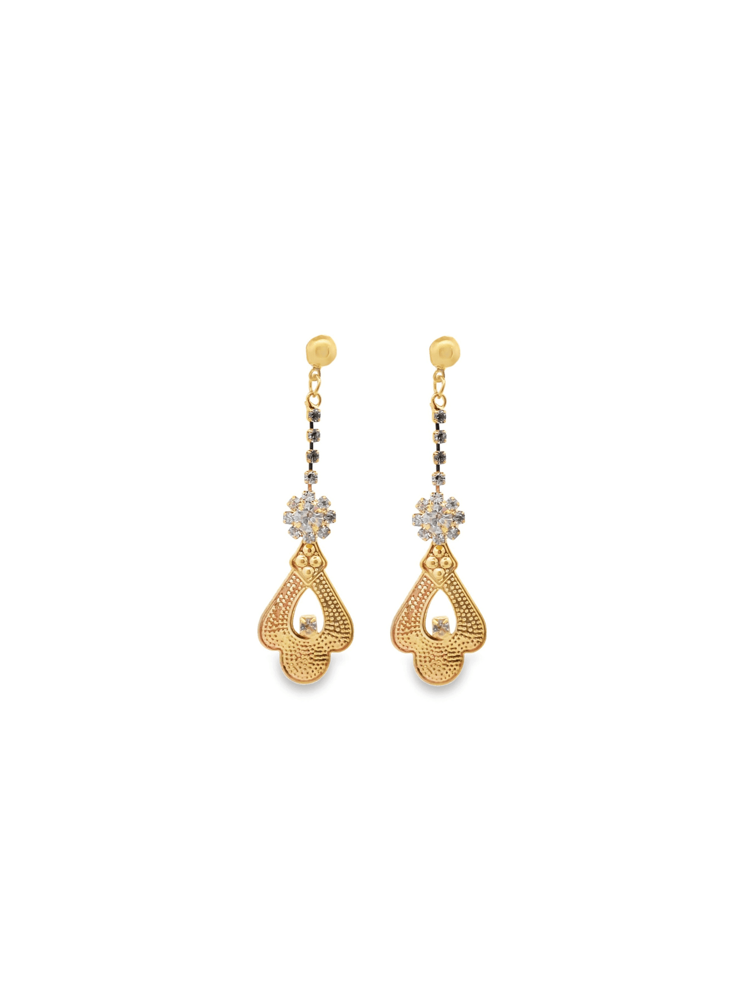 A pair of elegant gold dangle earrings featuring sparkling crystal flower accents and ornate teardrop charms is displayed against a clean white background.